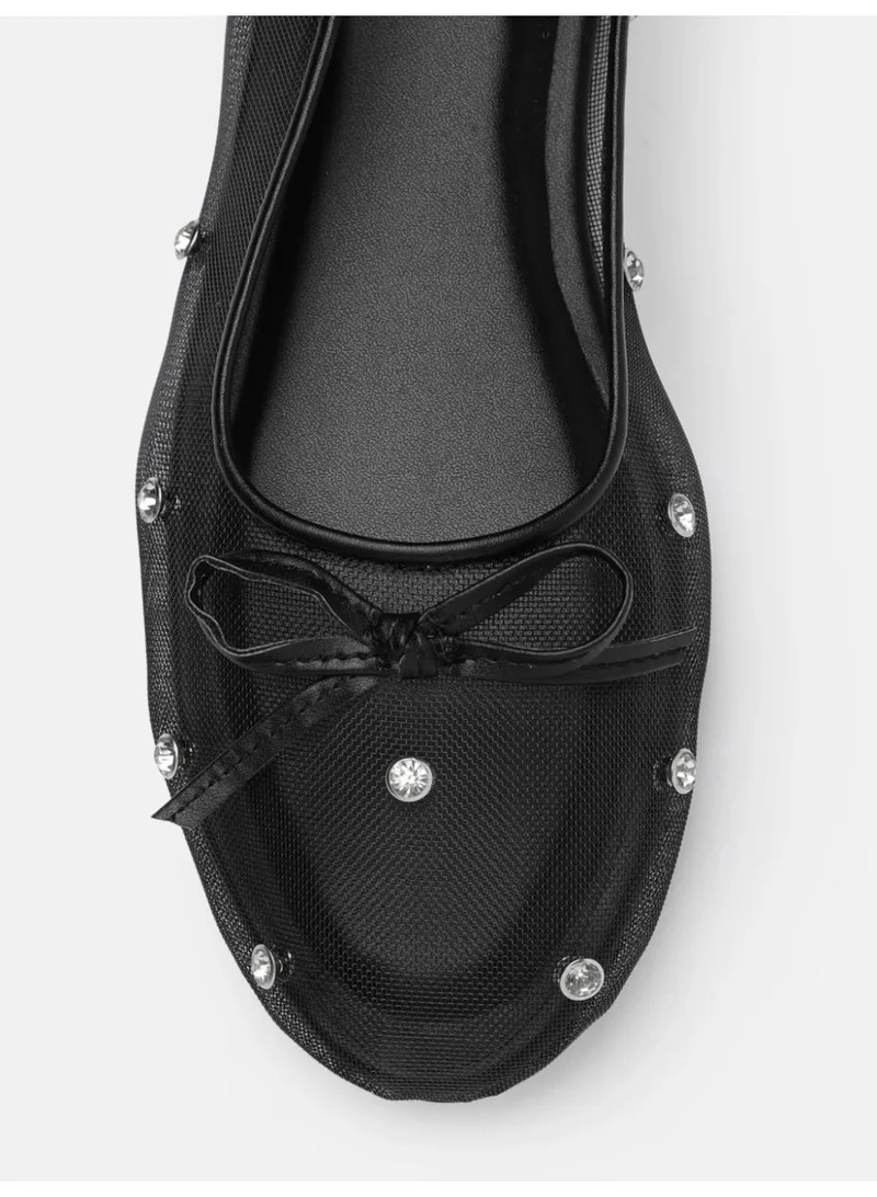 ZORIWORLD  SERENE Mesh Rhinestone Studded Black Ballerinas for Women with Bow Accent - Lightweight Comfort Flats for Day to Night Looks for Women | Best Price UAE