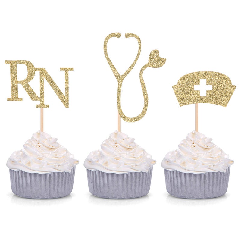 Giuffi Medical Theme Cupcake Toppers Nursing Nurse School Graduation Party Decorations Gold - Image 2