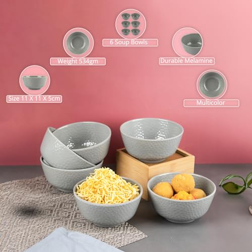 MARKET 99 Grey Melamine Round Soup Bowl Set of 6, Decorative Hammered Design, 300ml Serving Bowls for Breakfast, Lunch & Dinner, Durable & Stylish Tableware - Image 3