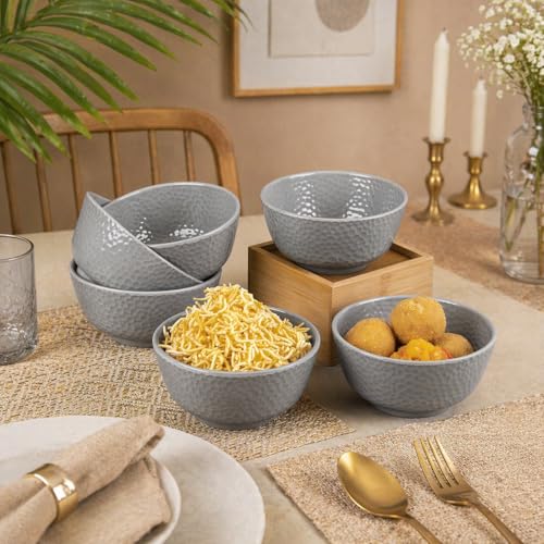 MARKET 99 Grey Melamine Round Soup Bowl Set of 6, Decorative Hammered Design, 300ml Serving Bowls for Breakfast, Lunch & Dinner, Durable & Stylish Tableware - Image 1