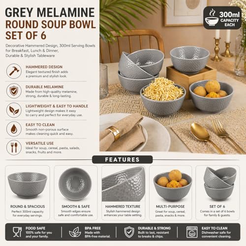 MARKET 99 Grey Melamine Round Soup Bowl Set of 6, Decorative Hammered Design, 300ml Serving Bowls for Breakfast, Lunch & Dinner, Durable & Stylish Tableware - Image 2