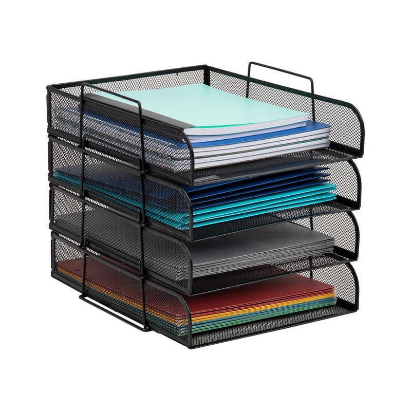 Mind Reader Stackable Paper Tray, Desktop Organizer, File Storage, Office, Metal Mesh, 10.5" L x 13.5" W x 11.25" H, 4 Pcs., Black - Image 1