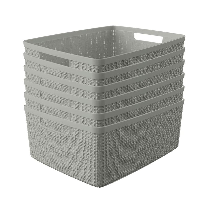 Curver Set of 6 Medium 12L Jute Decorative Plastic Organization and Storage Baskets - Perfect Bins for Home Office, Closet Shelves, Kitchen Pantry and All Bedroom Essentials, Grey - Image 1