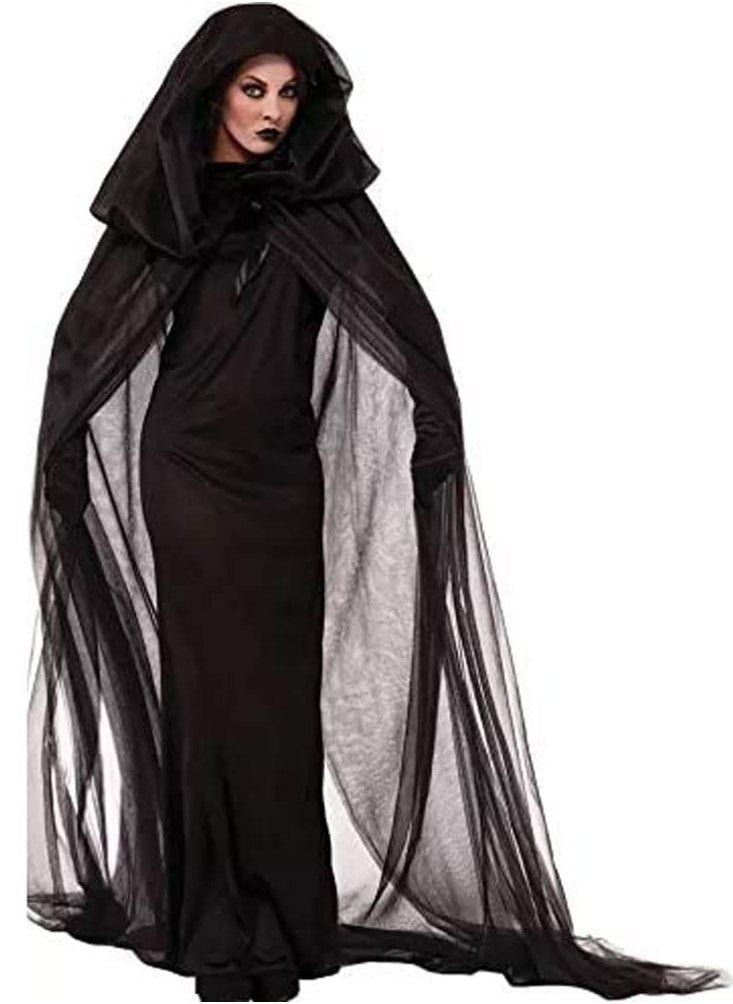 ماركة غير محددة رأس أسود بقلنسوة للسيدات، حجاب طويل من التول زي العروس الشبح، رأس للبالغين، زي الساحرة التنكرية، فستان أسود ساحر  - Image 1