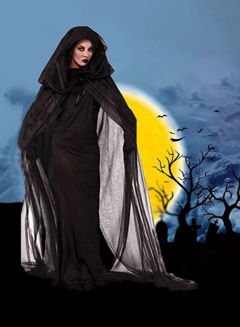 رأس أسود بقلنسوة للسيدات، حجاب طويل من التول زي العروس الشبح، رأس للبالغين، زي الساحرة التنكرية، فستان أسود ساحر - Image 1