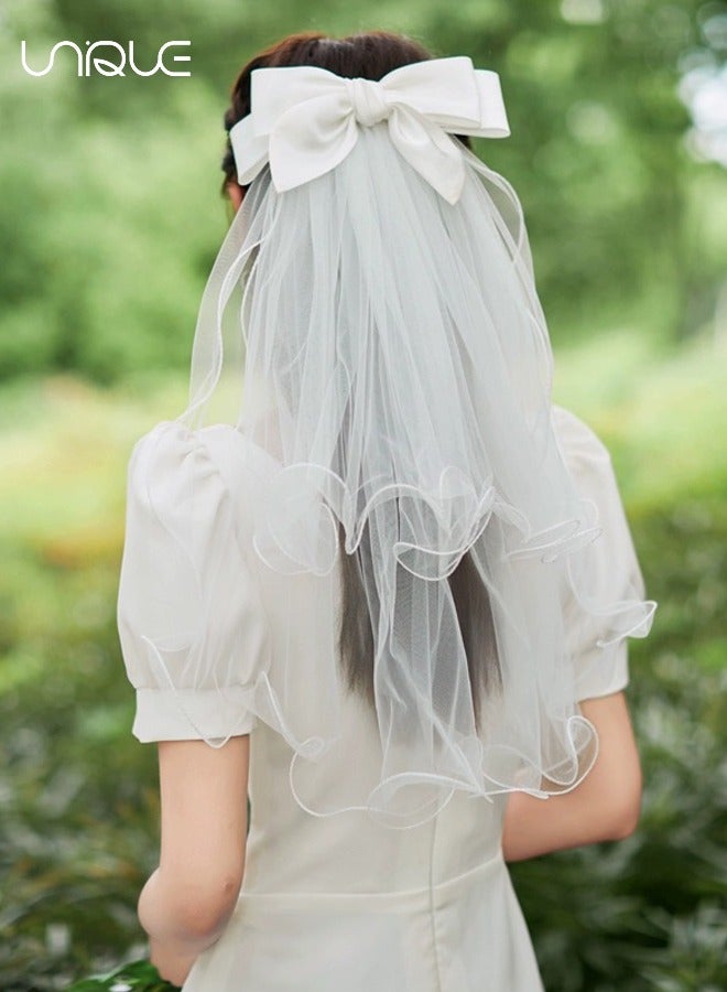 Unique Double Bow White Veil - With Hair Clips - Wedding Engagement Bride Bridal Shower Bachelorette Party Decoration - Image 1