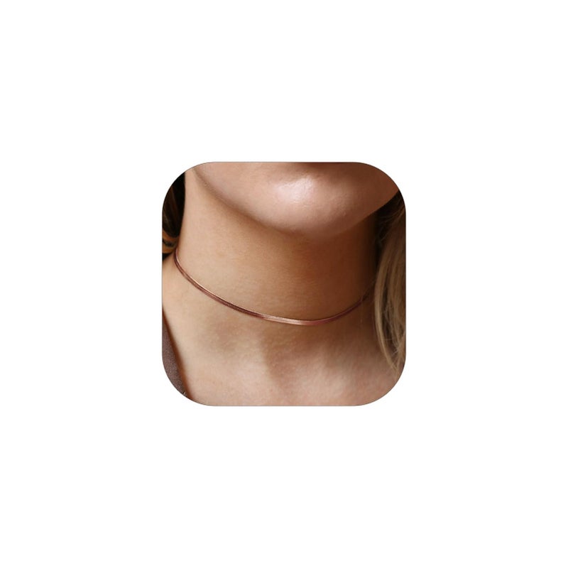 FOCALOOK Rose Gold Plated Flat Snake Chain Necklace Herringbone Necklace Pink Choker Necklaces for Women 3MM(W) 12.5+3.5"(L)
