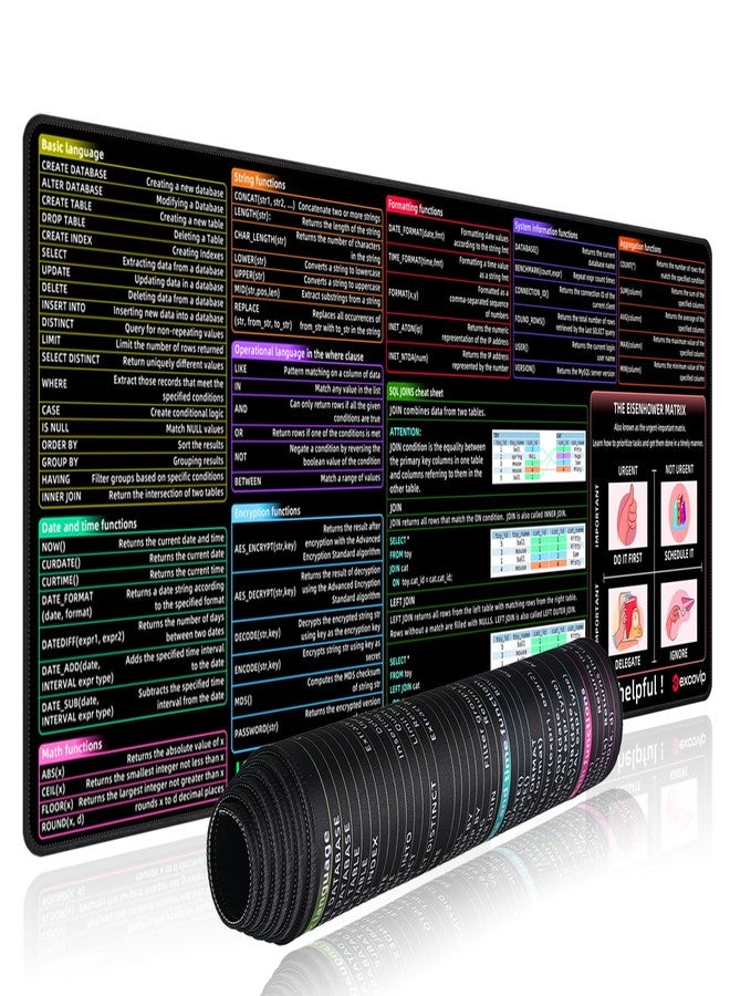 excovip SQL Cheat Sheet Mouse Pad for Database Administrators, Analysts, and Programmers, Shortcut Key Mousepad, Large Anti-Slip Keyboard Pad Mouse Mat 80x30 cm 0406 - Image 1