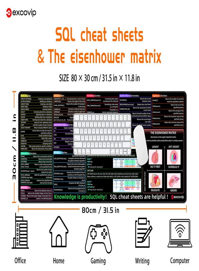excovip SQL Cheat Sheet Mouse Pad for Database Administrators, Analysts, and Programmers, Shortcut Key Mousepad, Large Anti-Slip Keyboard Pad Mouse Mat 80x30 cm 0406 - Image 2