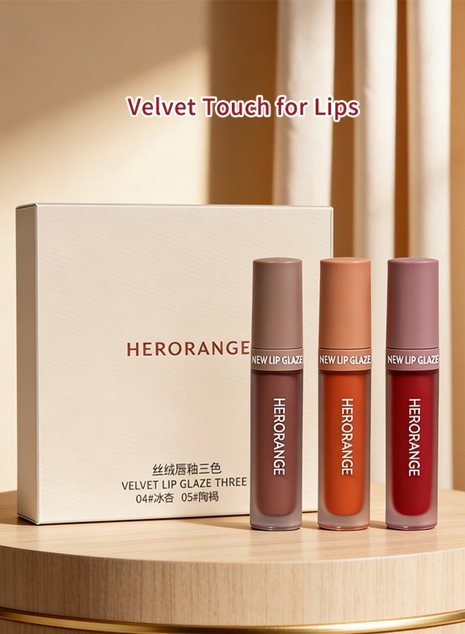 HERORANGE 3Pcs Velvet Matte Lip Glaze Set for Women, Long Lasting Transfer-Proof Lip Mud Kit, Nude & Red Tones Lipstick Set for Daily, Date & Makeup - Image 3