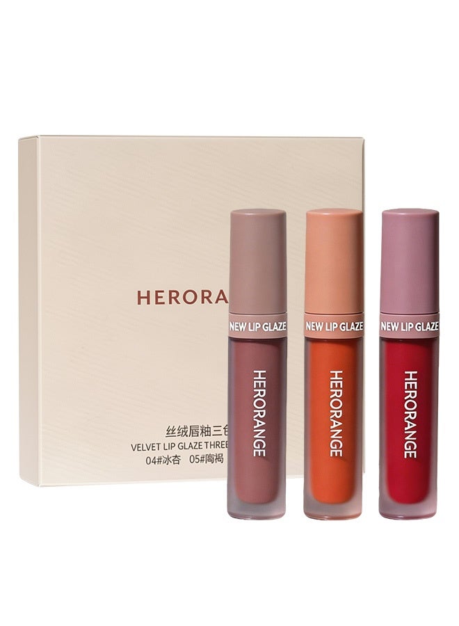 HERORANGE 3Pcs Velvet Matte Lip Glaze Set for Women, Long Lasting Transfer-Proof Lip Mud Kit, Nude & Red Tones Lipstick Set for Daily, Date & Makeup - Image 1
