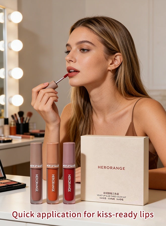 HERORANGE 3Pcs Velvet Matte Lip Glaze Set for Women, Long Lasting Transfer-Proof Lip Mud Kit, Nude & Red Tones Lipstick Set for Daily, Date & Makeup - Image 4
