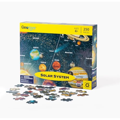 Geotoys لعبة الألغاز الشمسية للأطفال - ألغاز الفضاء للأطفال بعمر 4 سنوات تشمل الكواكب والنجوم والمزيد - 250 قطعة من الألغاز للأطفال - مصنوعة في الولايات المتحدة الأمريكية - ألغاز تعليمية ملونة - Image 1