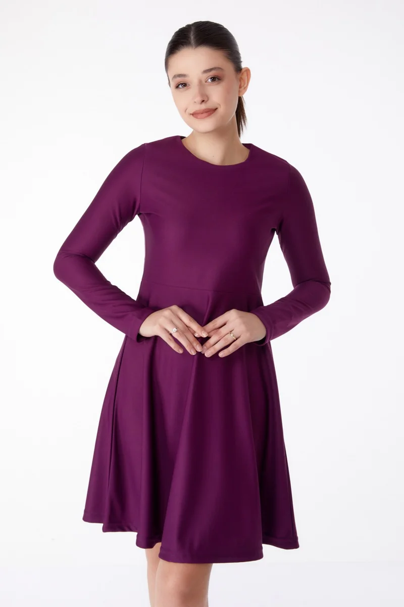 Tofisa Plain Crew Neck Women's Purple Mini Evening Dress - 13191
