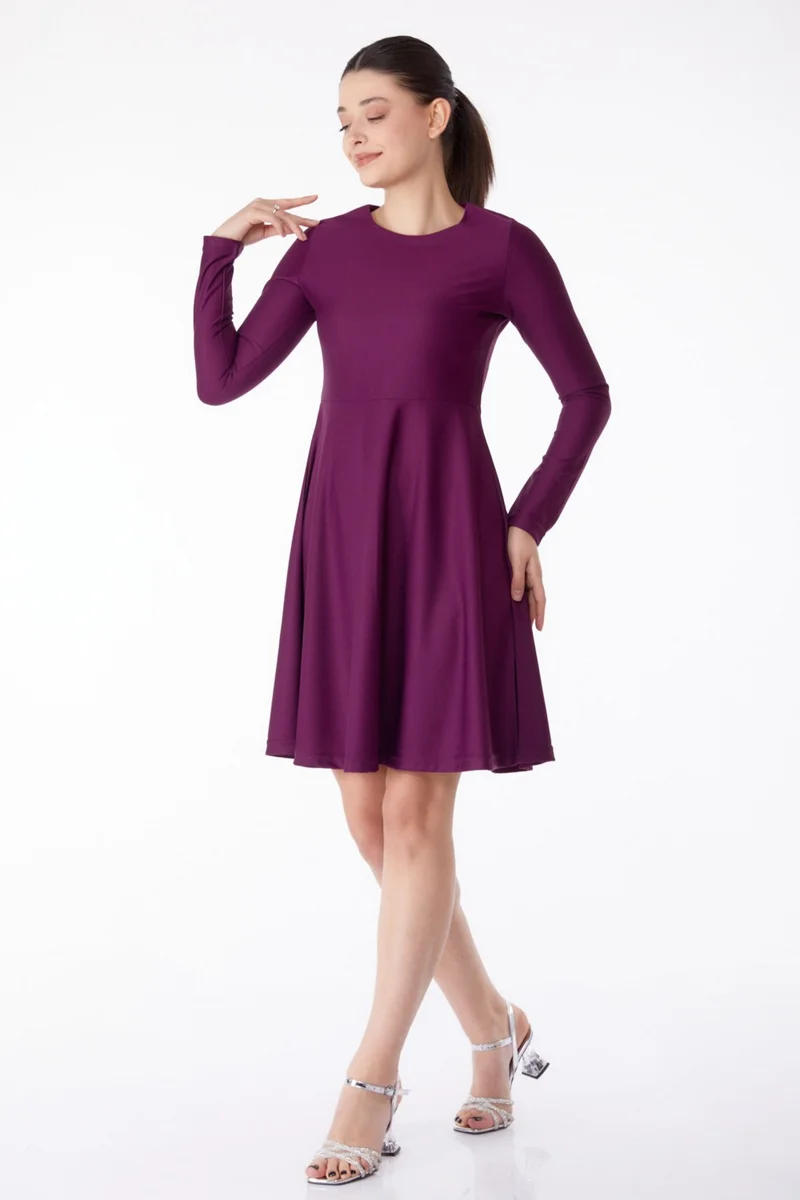 Tofisa Plain Crew Neck Women's Purple Mini Evening Dress - 13191