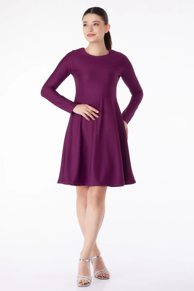 Tofisa Plain Crew Neck Women's Purple Mini Evening Dress - 13191