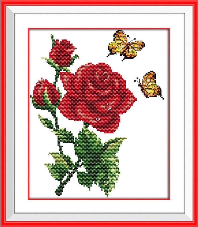 ITSTITCH Stamped Cross Stitch Kits for Beginners Full Range of Crossstitching Kits Preprinted Pattern for Kids or Adults, Embroidery Needlepoint Starter Kits 14CT 2 Strands-Butterflies Rose,10.2''x11.8'' - Image 1