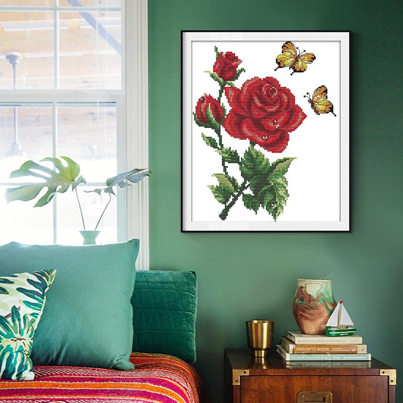 ITSTITCH Stamped Cross Stitch Kits for Beginners Full Range of Crossstitching Kits Preprinted Pattern for Kids or Adults, Embroidery Needlepoint Starter Kits 14CT 2 Strands-Butterflies Rose,10.2''x11.8'' - Image 3