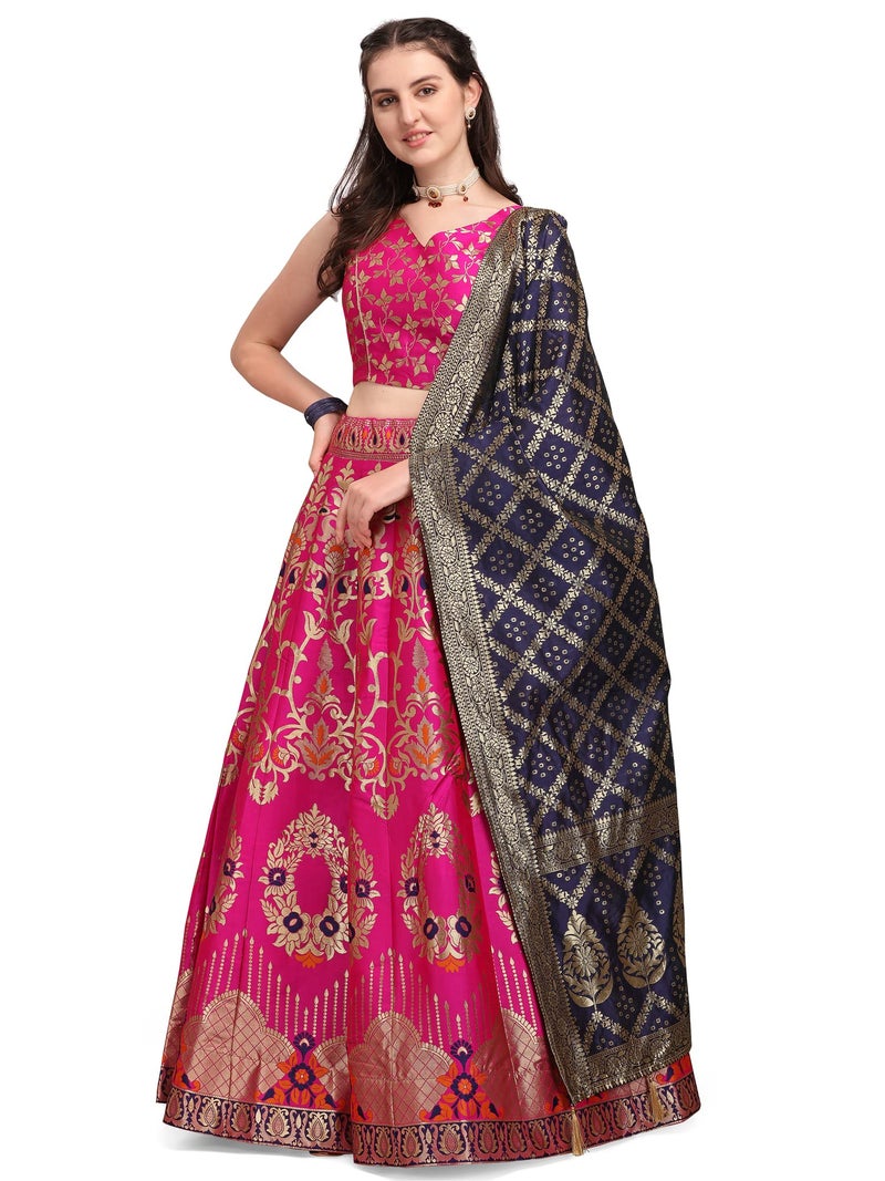 PURVAJA Women's Jacquard Semi-Stitched Lehenga choli (Amayra-Pink_Pink_Free Size) - Image 1
