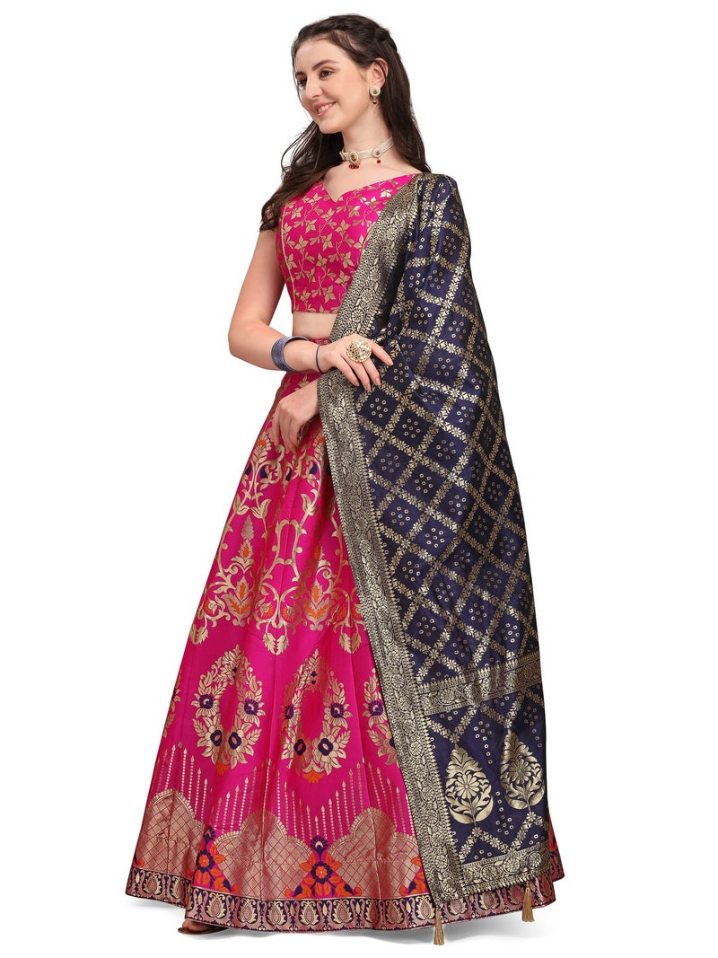 PURVAJA Women's Jacquard Semi-Stitched Lehenga choli (Amayra-Pink_Pink_Free Size) - Image 3