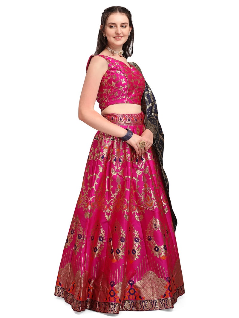 PURVAJA Women's Jacquard Semi-Stitched Lehenga choli (Amayra-Pink_Pink_Free Size) - Image 4