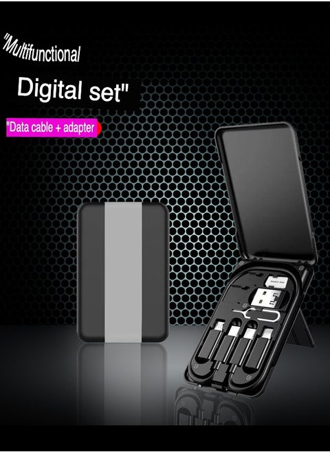 Portable Travel Data Cable Storage Box: Multi-Function Adapter Kit with USB-C to Lightning, Type-C, Micro Adapters - 60W USB Adapter, Mobile Phone Holder - Black