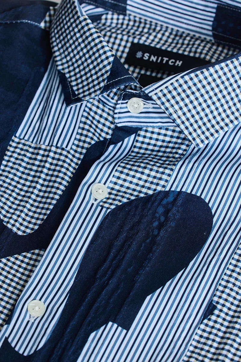 سنيتش Navy Abstract Long Sleeve Slim Fit Casual Shirt