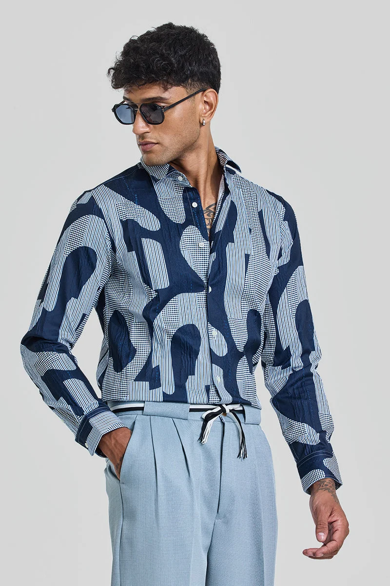 سنيتش Navy Abstract Long Sleeve Slim Fit Casual Shirt