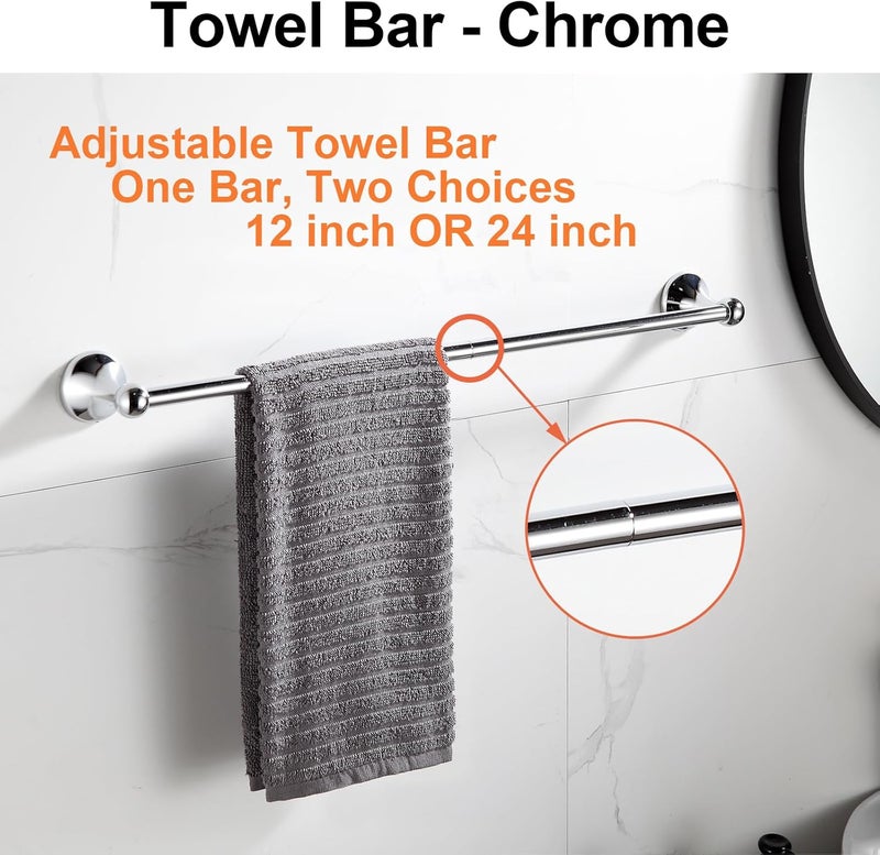 BGL Bathroom Hardware Set, Chrome Adjustable Expandable Towel Bar 4-Piece Bathroom Accessory Set Wall Mounted Robe Hook Toilet Paper Holder Towel Ring Towel Bar - Image 2