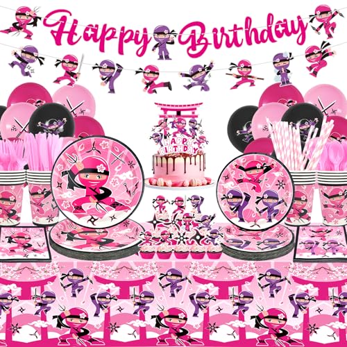 LSJDEER Ninja Girl Birthday Party Decoration Ninja Girl Party Supplies Plates Cups Napkins Ninja Girl Tablecloth Happy Birthday Banner Balloons Cake Toppers for Ninja Master Girls Princess Baby Shower - Image 1