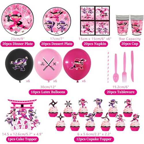 LSJDEER Ninja Girl Birthday Party Decoration Ninja Girl Party Supplies Plates Cups Napkins Ninja Girl Tablecloth Happy Birthday Banner Balloons Cake Toppers for Ninja Master Girls Princess Baby Shower - Image 5