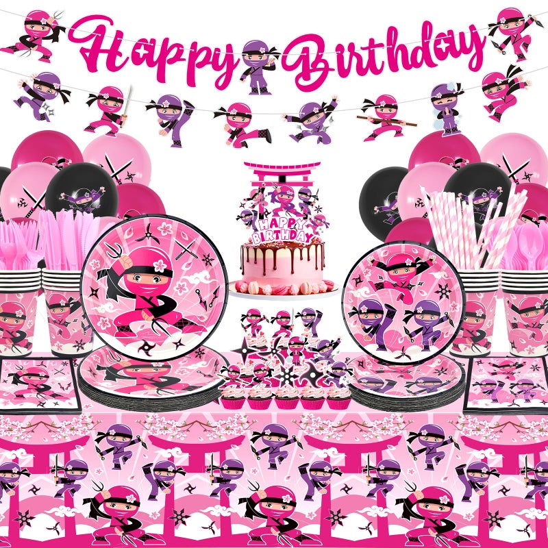 LSJDEER Ninja Girl Birthday Party Decoration Ninja Girl Party Supplies Plates Cups Napkins Ninja Girl Tablecloth Happy Birthday Banner Balloons Cake Toppers for Ninja Master Girls Princess Baby Shower - Image 3