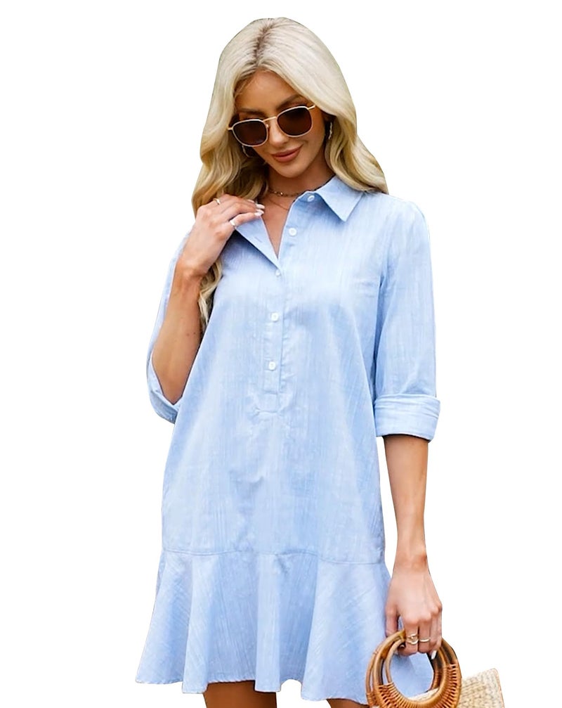 LifeShe Women's Tunic Mini Shirt Dress Cotton Long Sleeve Ruffle Hem Dress Button Up Shift Chambray Dresses - Image 1