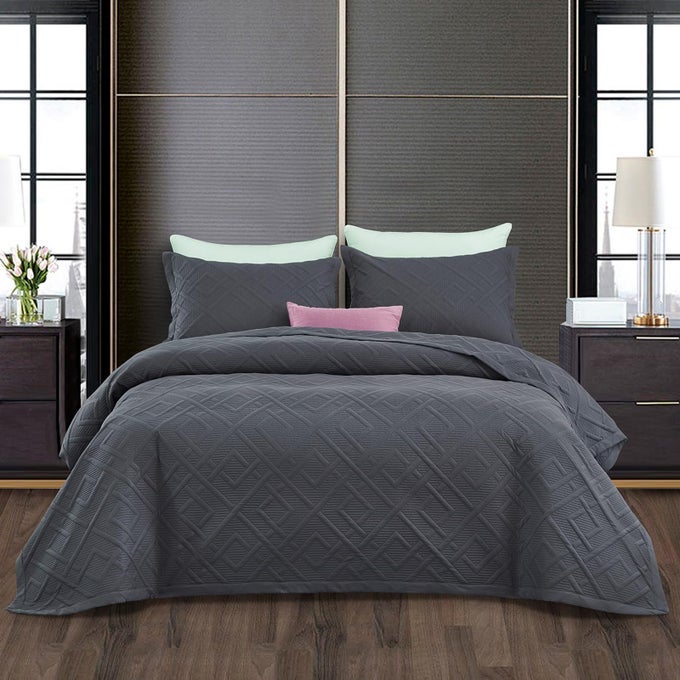 QUILT KING SIZE GEOMETRIC PATTERN BEDSPREAD COVERLET SET MODERN CONTEMPORARY STYLE BEDDING COVER ULTRASONIC QUILTING REVERSIBLE LIGHTWEIGHT 4 PIECE DARK GREY
