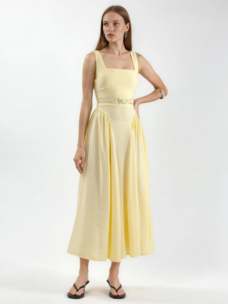 بوسيم BUSEM Square Collar Belted Midi Dress