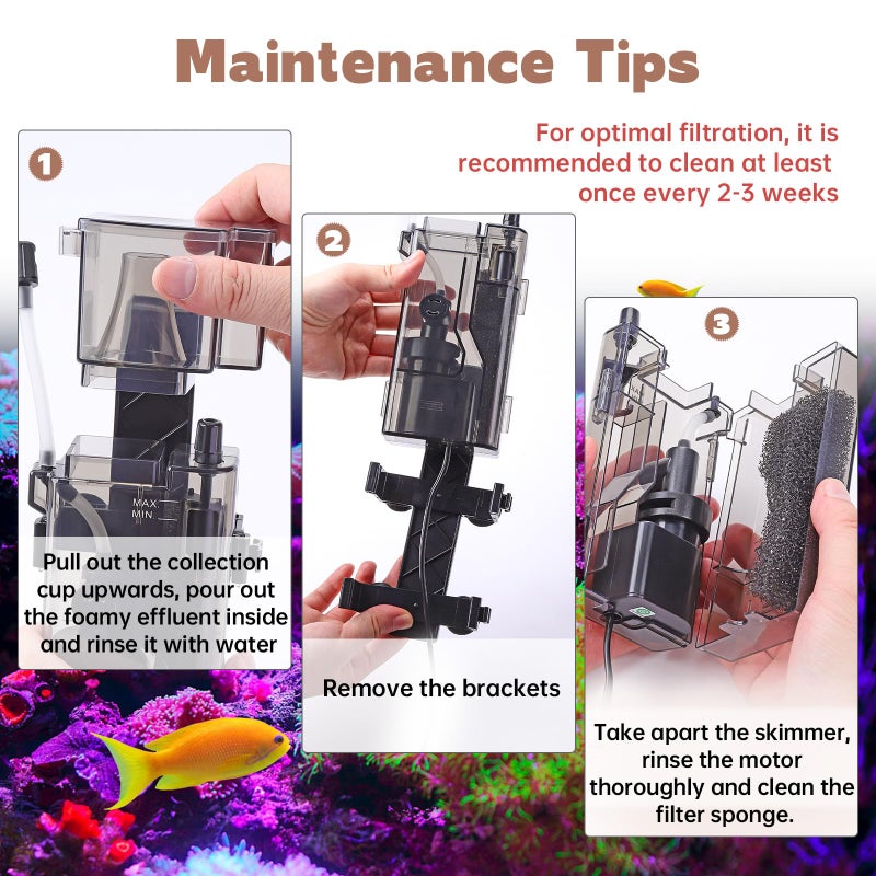 AQQA Aquarium Protein Skimmer for Saltwater Fish Tank Nano Surface Skimmer Filter Pump 79GPH Ultra Quiet for 50-80 Gallon Tank - Image 5