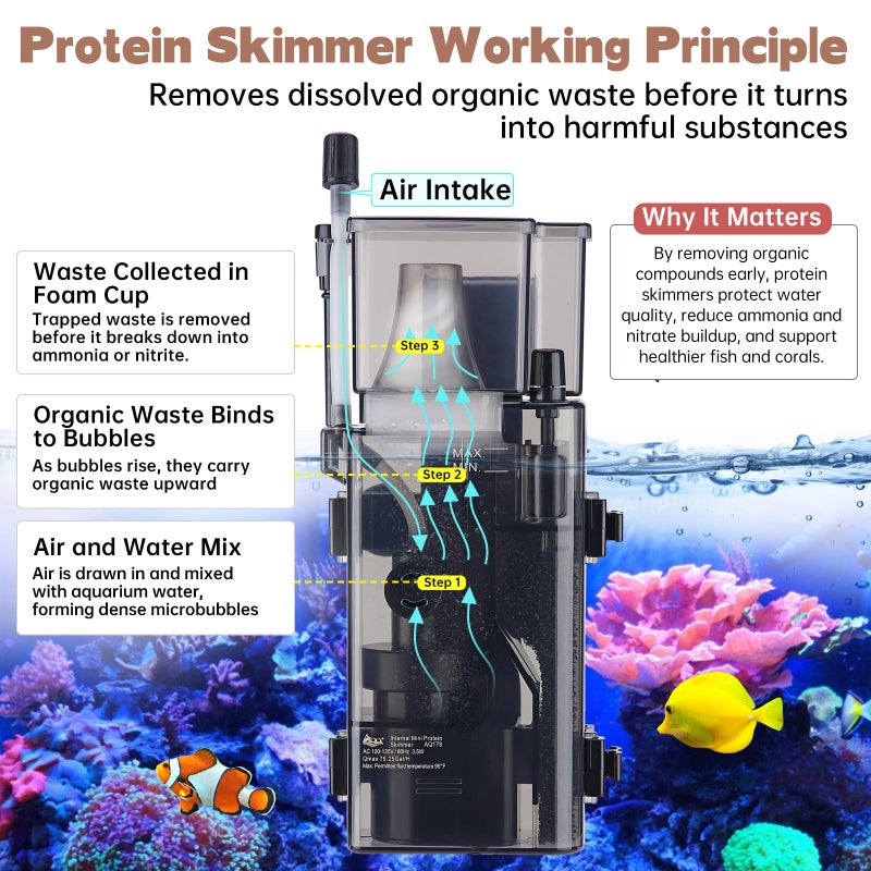 AQQA Aquarium Protein Skimmer for Saltwater Fish Tank Nano Surface Skimmer Filter Pump 79GPH Ultra Quiet for 50-80 Gallon Tank - Image 3