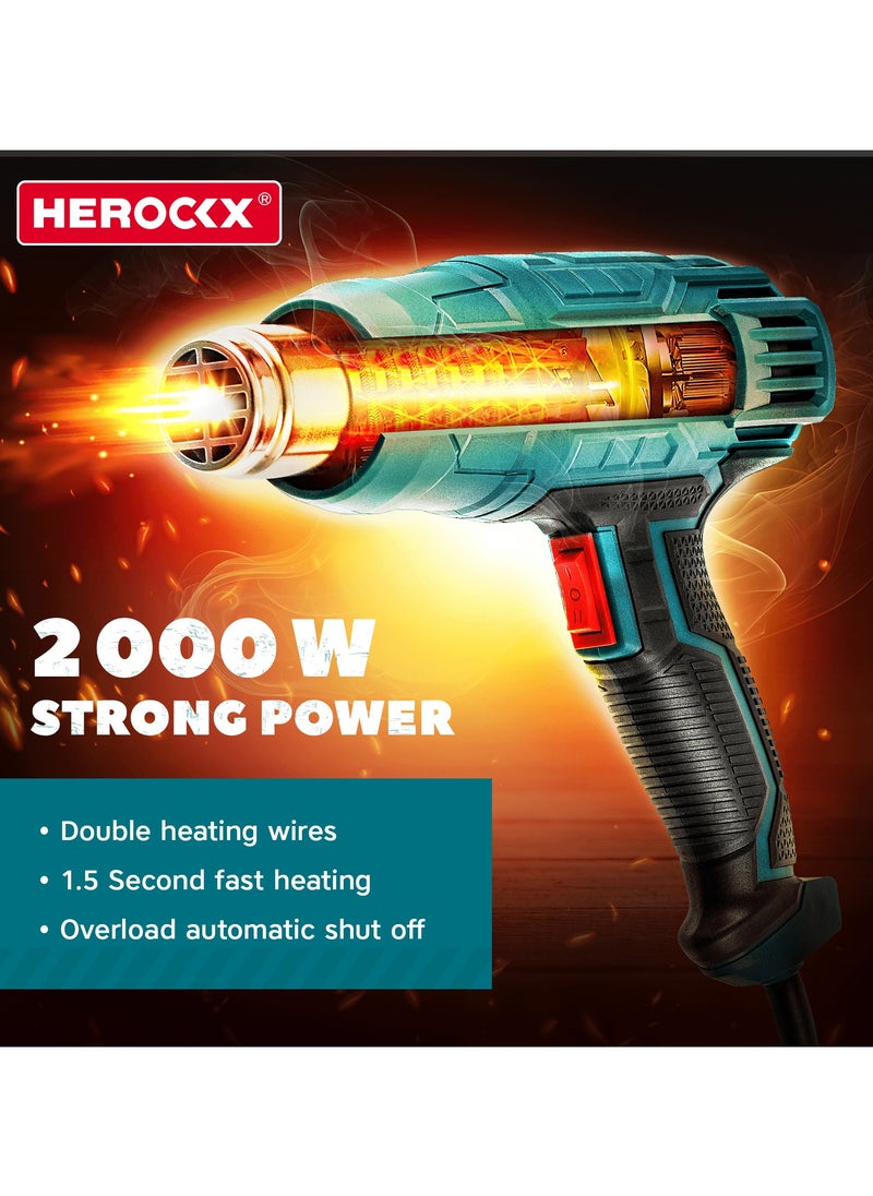 HEROCKX Heat Gun, 2000W HEROCKX Heavy Duty Hot Air Gun Kit Dual Temperature Settings 662℉~1112℉ (350℃-600℃), Overload Protection with 5 Nozzles for Crafts, Shrink Wrapping/Tubing, Paint Removing, Epoxy Resin  - Image 2