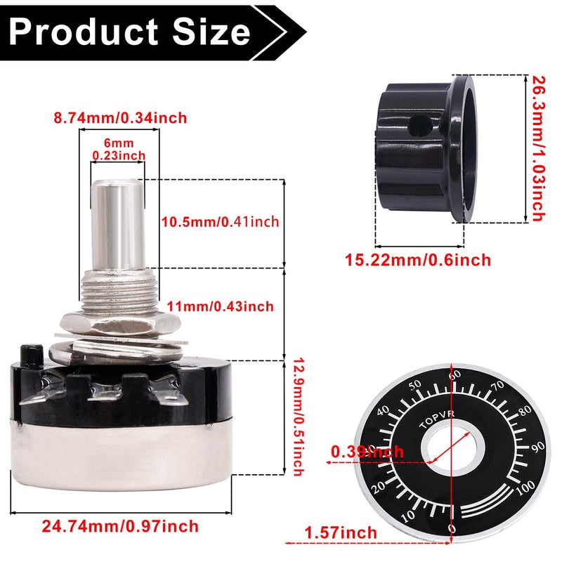 Taiss 2pcs RV24YN20S 10K Potentiometer Single Turn Carbon Film Rotary Taper Potentiometer Used for Inverter speed regulation Motor speed control + 2pcs A03 knob + 2pcs dials (B103 10K ohm) - Image 3