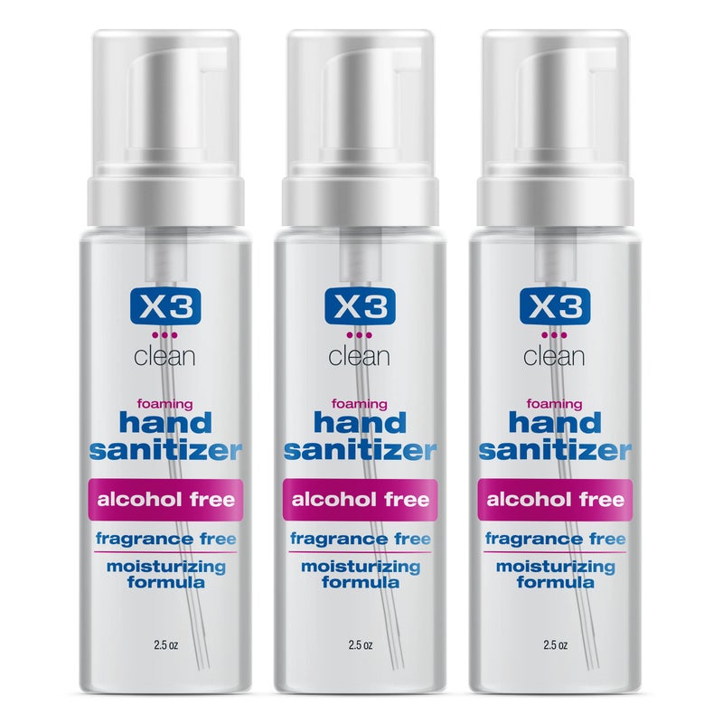 X3 Clean معقم يدين رغوي نظيف X3، خالي من الكحول والعطور، يقتل 99.9% من الجراثيم، تركيبة مرطبة، حجم سفر 2.5 أونصة (3 عبوات) - Image 1