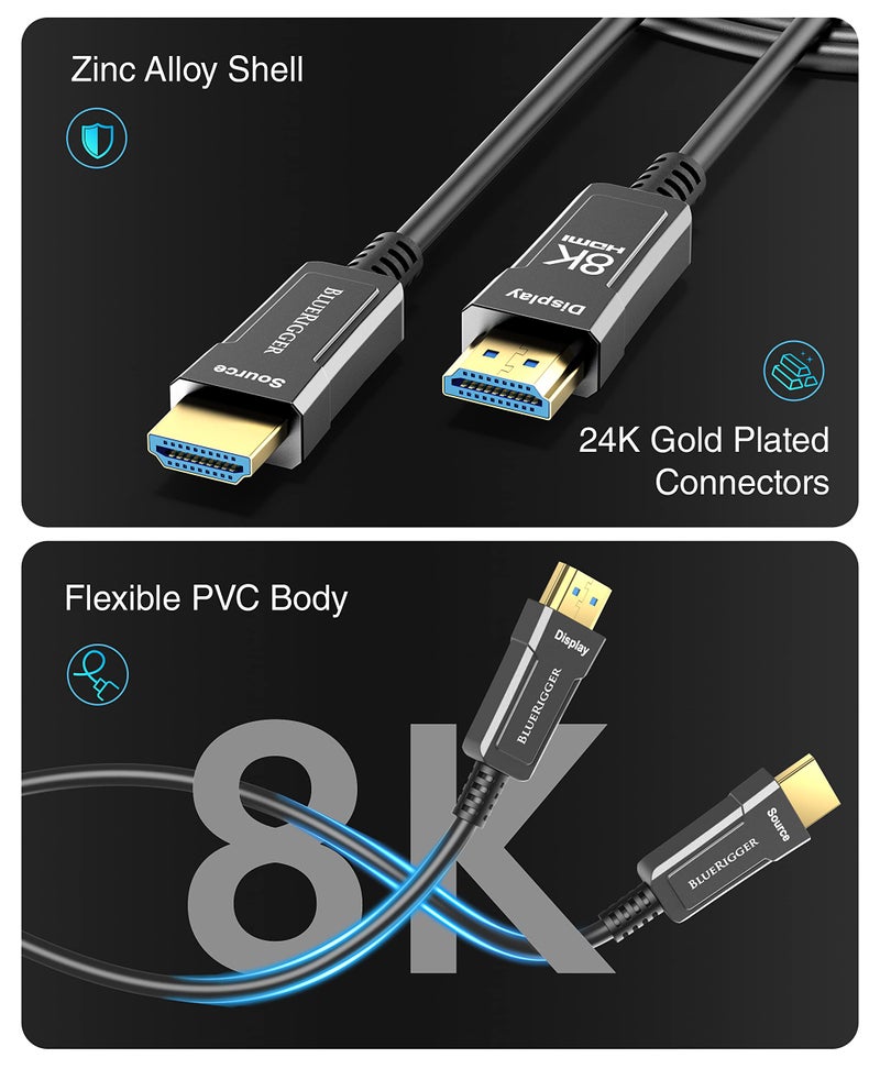 BlueRigger 8K HDMI 2.1 Fiber Optic Cable, Ultra HD, High Speed Cable/AOC Support 48 Gbps@60 Hz, 4K@120Hz, eARC, Dynamic HDR, HDCP 2.2|2.3, with resolution 7680*4320p, Compactible with Dolby Vision, PS4, Black (50 Feet/15 Meter) - Image 5