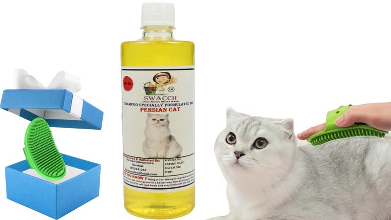 Swacch Persian Cat Shampoo -500ml (Lemon) + Bath Brush with Adjustable Straps Combo Pack - Image 1