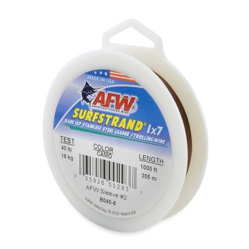 AFW American Fishing Wire Surfstrand, Bare 1x7 Stainless Steel Leader Wire, 40 lb Test, 0.015" Diameter, Camo, 1000 ft - Image 1