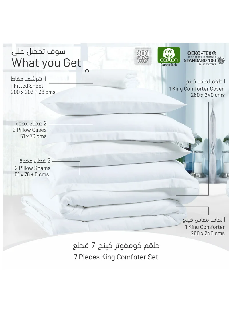 Donetella Comforter Set 7-Pieces Double Size Hotel Style All Season Cotton Rich Bedding Set With Removable Cover And Down Alternative Filling, White