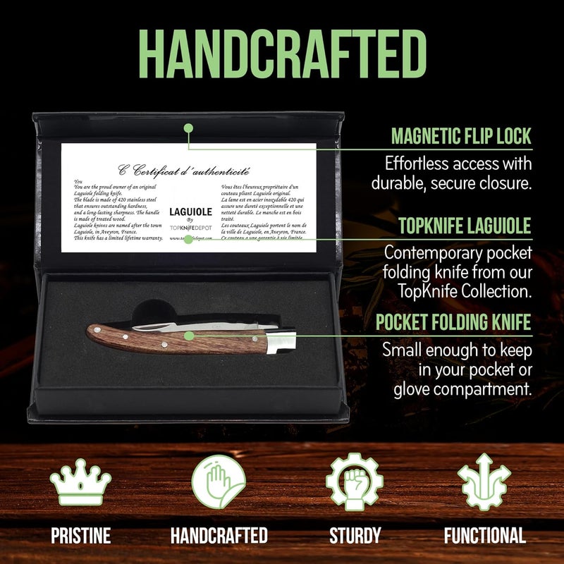 Artenostro TopKnife Laguiole 4-1/2" Multipurpose Folding Steak Knife – Elegant Rosewood Handle, Stainless Steel Blade – Compact, Ideal for Personal Dining & Outdoor Meals – Comes in a Well-Made Magnetic Gift Box - Image 4