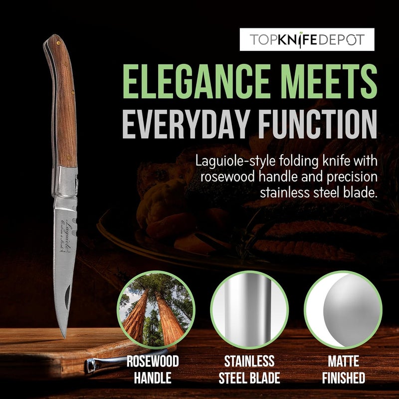 Artenostro TopKnife Laguiole 4-1/2" Multipurpose Folding Steak Knife – Elegant Rosewood Handle, Stainless Steel Blade – Compact, Ideal for Personal Dining & Outdoor Meals – Comes in a Well-Made Magnetic Gift Box - Image 2