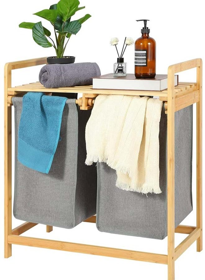 YIM-VIBEHAUS Bamboo Laundry Hamper, Laundry Basket with Removable Pull-Out Bags & Top Shelf, Laundry Bag for Bedroom, Bathroom, Laundry Room, 73 x 64 x 33 cm, Grey - Image 1