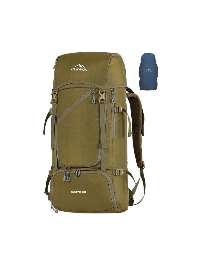 تراوك حقيبة سفر TRAWOC IGNITE بسعة 50 لترًا مفتوحة من الأمام والأعلى للمشي لمسافات طويلة والتخييم، حقيبة ظهر للرجال والنساء مع غطاء واق من المطر وحجرة للأحذية SHK020 Flaxen Yellow - Image 1