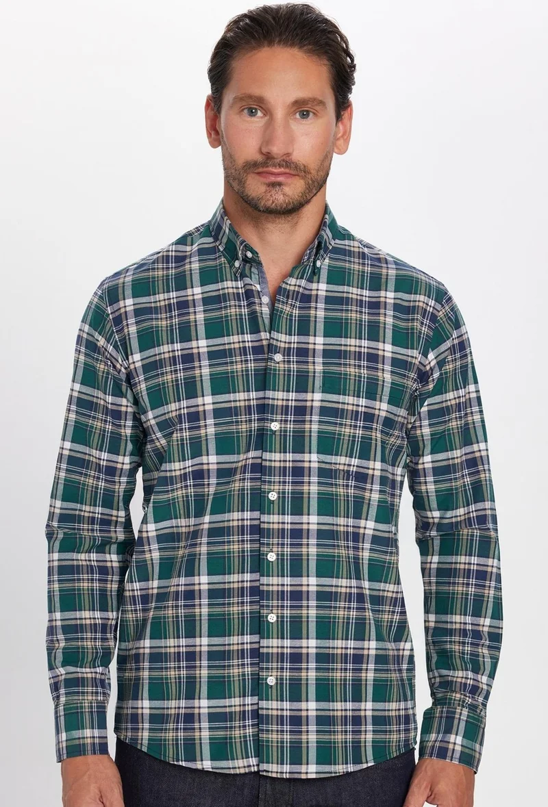 تودورس Men's Regular Fit Classic Cut Button-down Collar Cotton Easy Iron Plaid Shirt