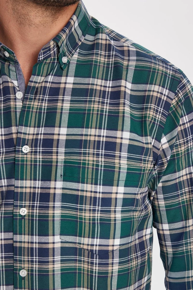 تودورس Men's Regular Fit Classic Cut Button-down Collar Cotton Easy Iron Plaid Shirt